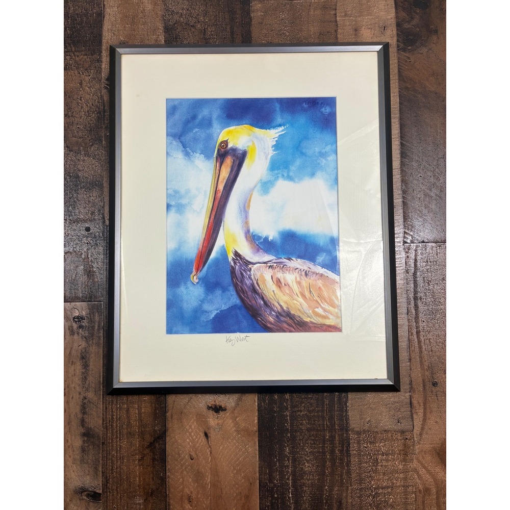 Key West Pelican Watercolor Print Framed Coastal Bird Wall Art Florida Nautical